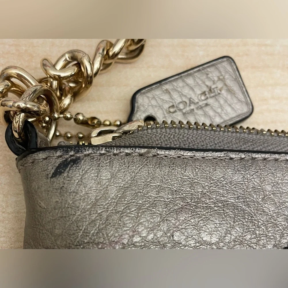 COACH  Quinn Gray Leather Chain Strap Zipper Closure Crossbody Bag; 4” x 6”